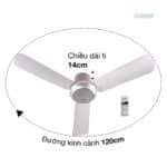 [Màu bạc-Ti 14cm] Quạt trần Panasonic  cho phòng nhỏ, trần thấp, 3 cánh, có remote #F-48CZL - quạt trần chung cư