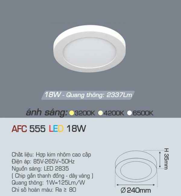 [6500K] Đèn ốp nổi, Màu Trắng, Tròn, Ø240xH35, AS Trắng, 18w, Anfaco, #AFC 555 18W 1C AS Trang