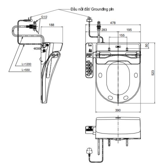 Bản vẽ kỹ thuật bồn cầu điện tử TOTO TCF6632A